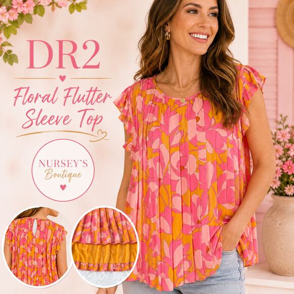 DR2 Tops - DR2 Pink Orange Floral Pleated Ruffle Sleeve Tunic Blouse XL Retro Resort